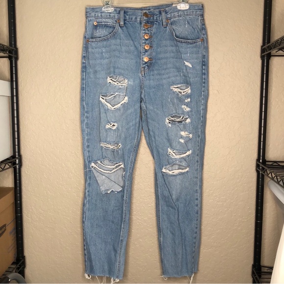 Distressed Button Fly Raw Hem Jeans